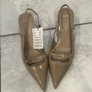 Mango Patent Pointed Slingback Pumps in Taupe Beige